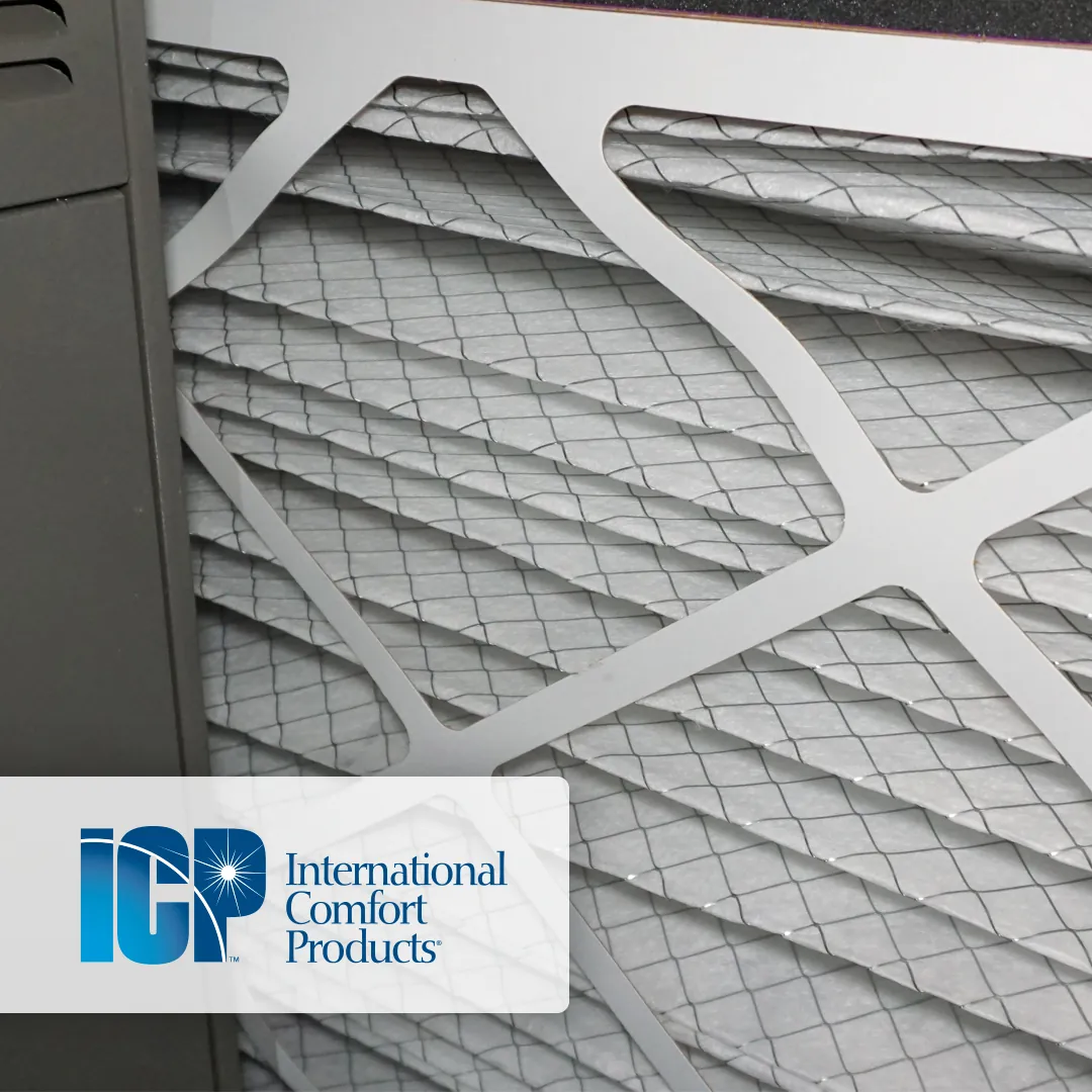 A grayscale pattern of interlocking HVAC ductwork sits behind the blue International Comfort Products ICP logo and wordmark.