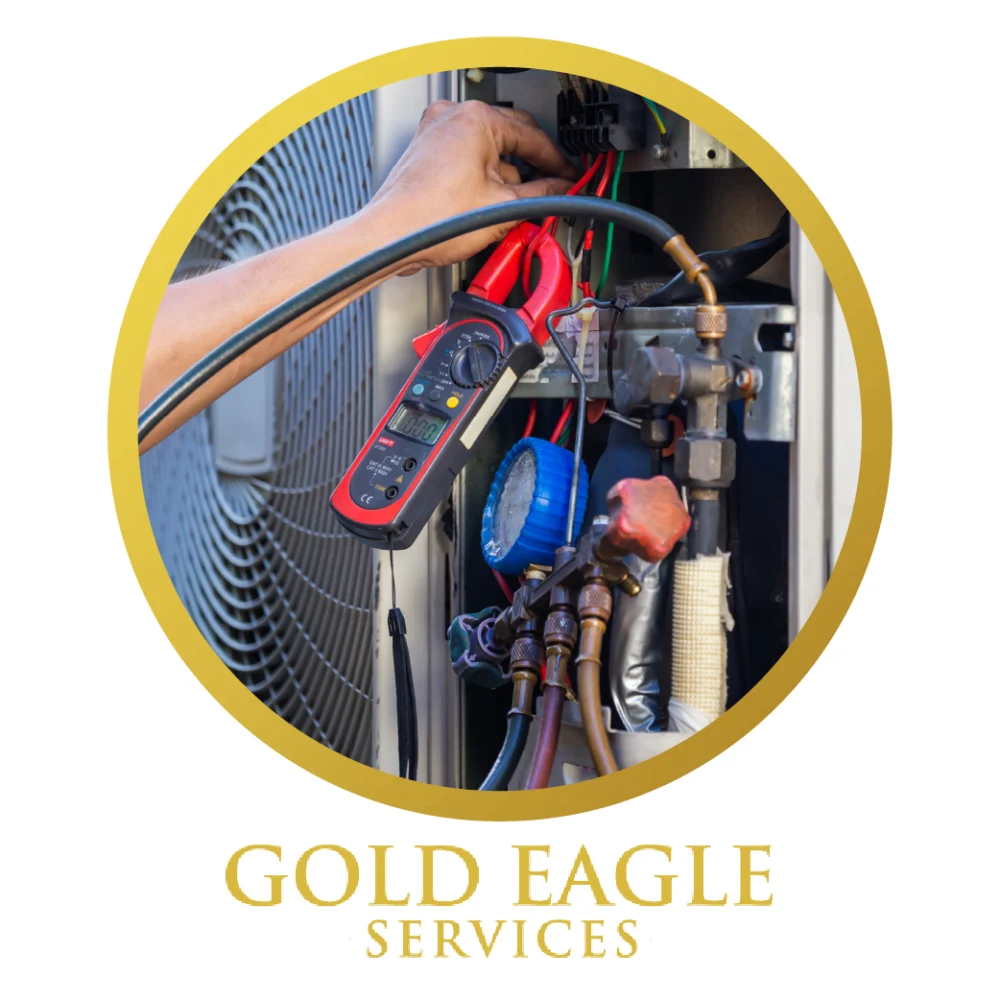 Technician testing electrical connections in an HVAC unit, framed with the Gold Eagle Services logo
