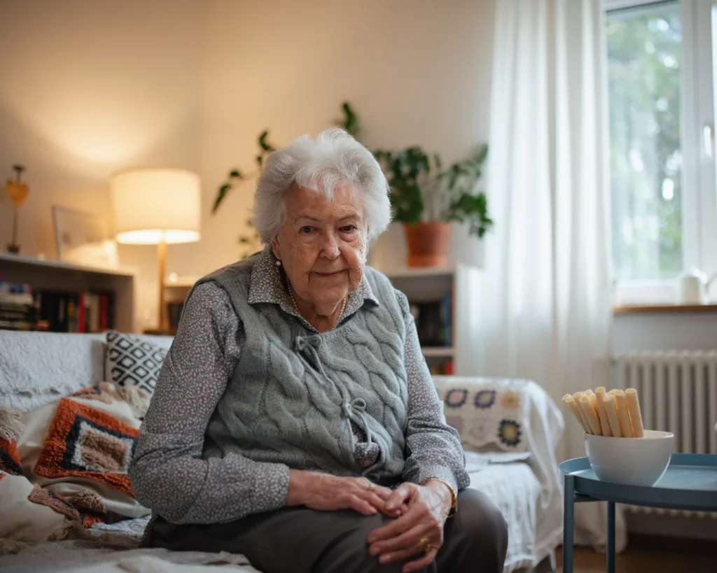 An elderly woman with short white hair sits with folded hands in a gray cable-knit vest in a softly lit living room.