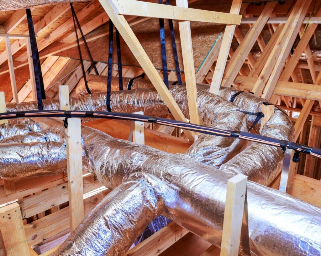 Silver flexible HVAC ducts branch through exposed wooden attic framing, with reflective insulation and dark support straps visible.