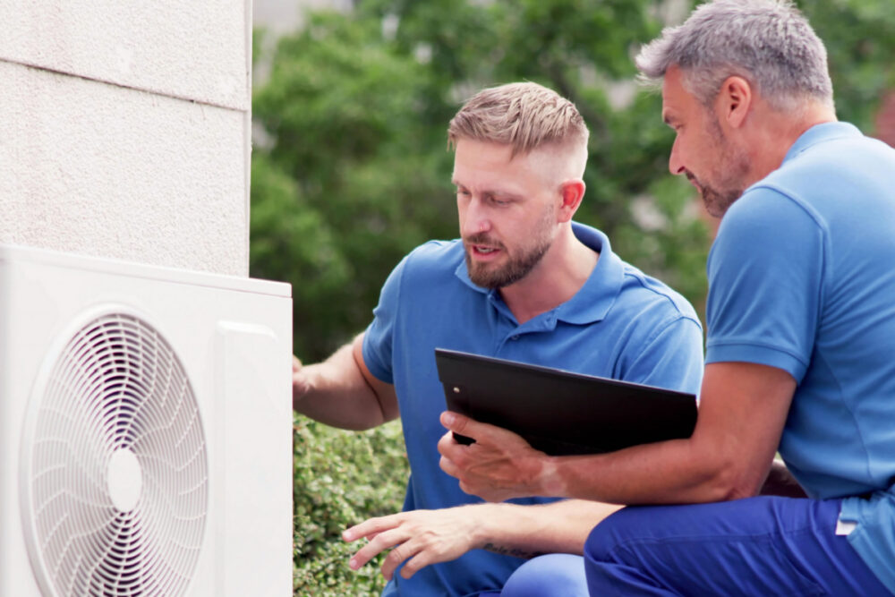 Two male technicians in blue uniforms inspecting an outdoor air conditioning unit