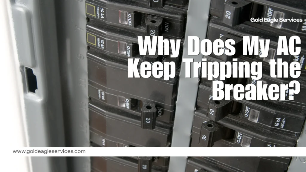 Black electrical circuit breakers marked 20 and 30 appear beneath the headline “Why Does My AC Keep Tripping the Breaker?”