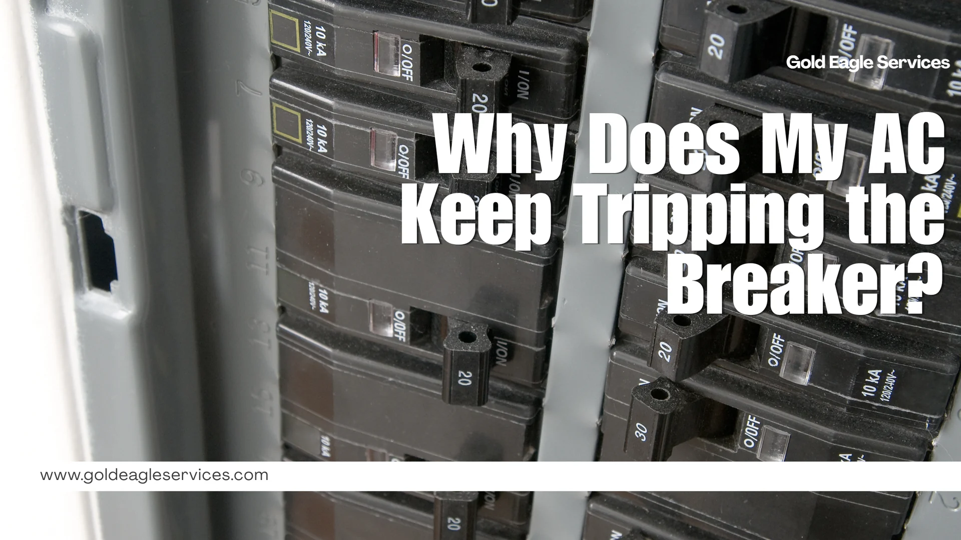Black electrical circuit breakers marked 20 and 30 appear beneath the headline “Why Does My AC Keep Tripping the Breaker?”
