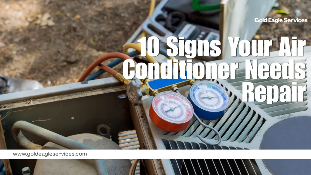 Outdoor AC unit with red and blue service gauges and connected hoses appears beneath a repair warning headline.