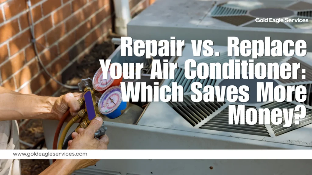 A technician checks an outdoor air conditioner with refrigerant gauges beside a large “Repair vs. Replace” headline.