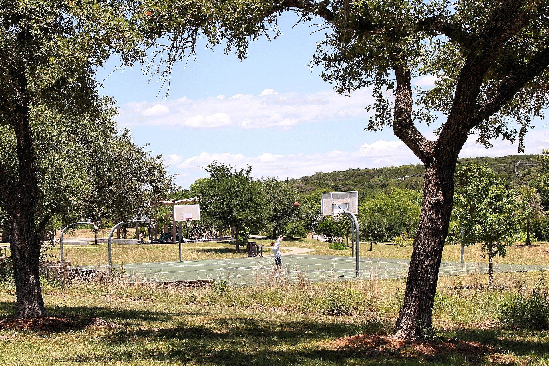 Oak trees, open lawn and hill-country ridgeline at Bee Cave Central Park in Bee Cave, Texas