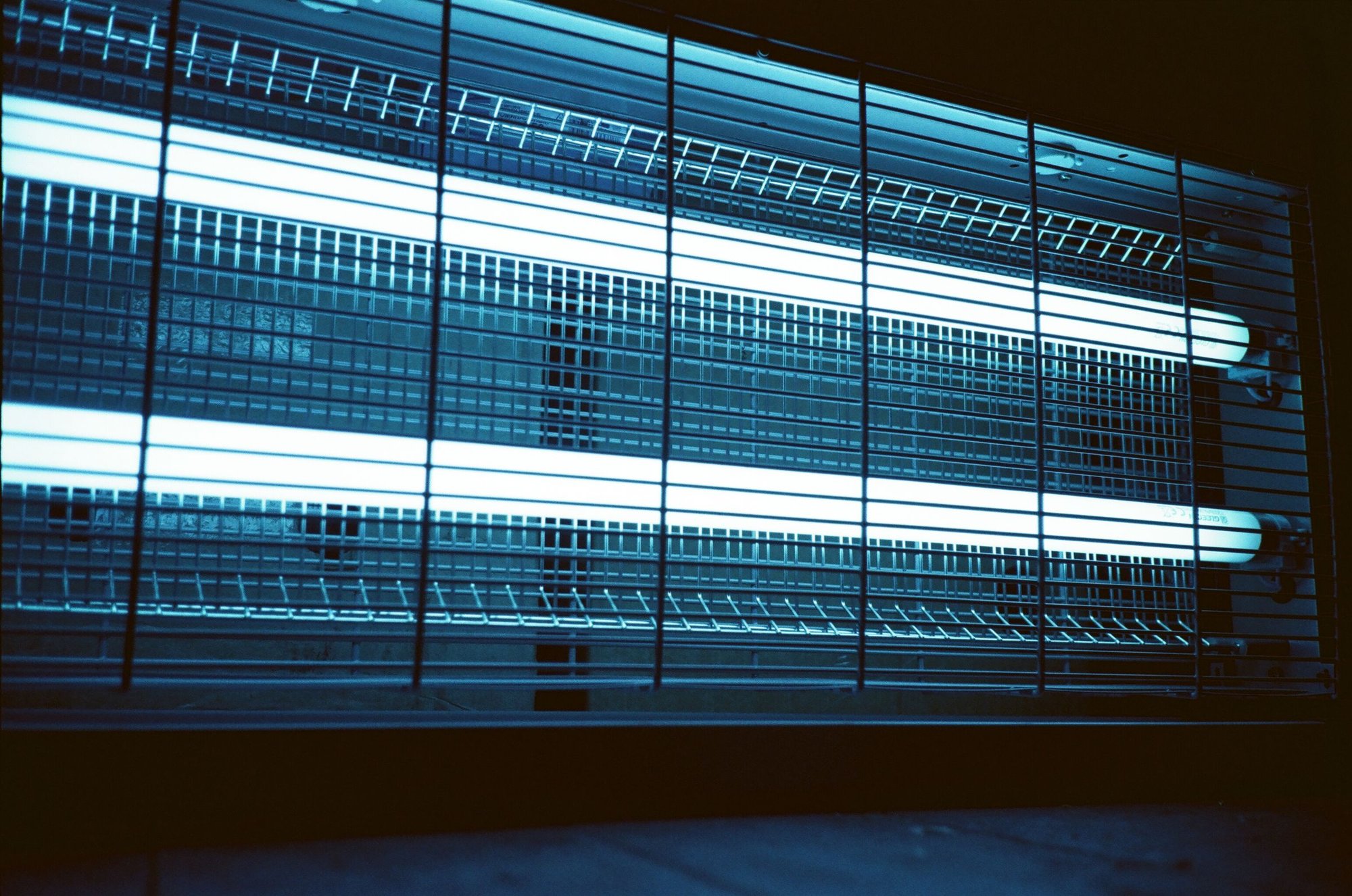 Glowing fluorescent tube lamps behind a wire guard