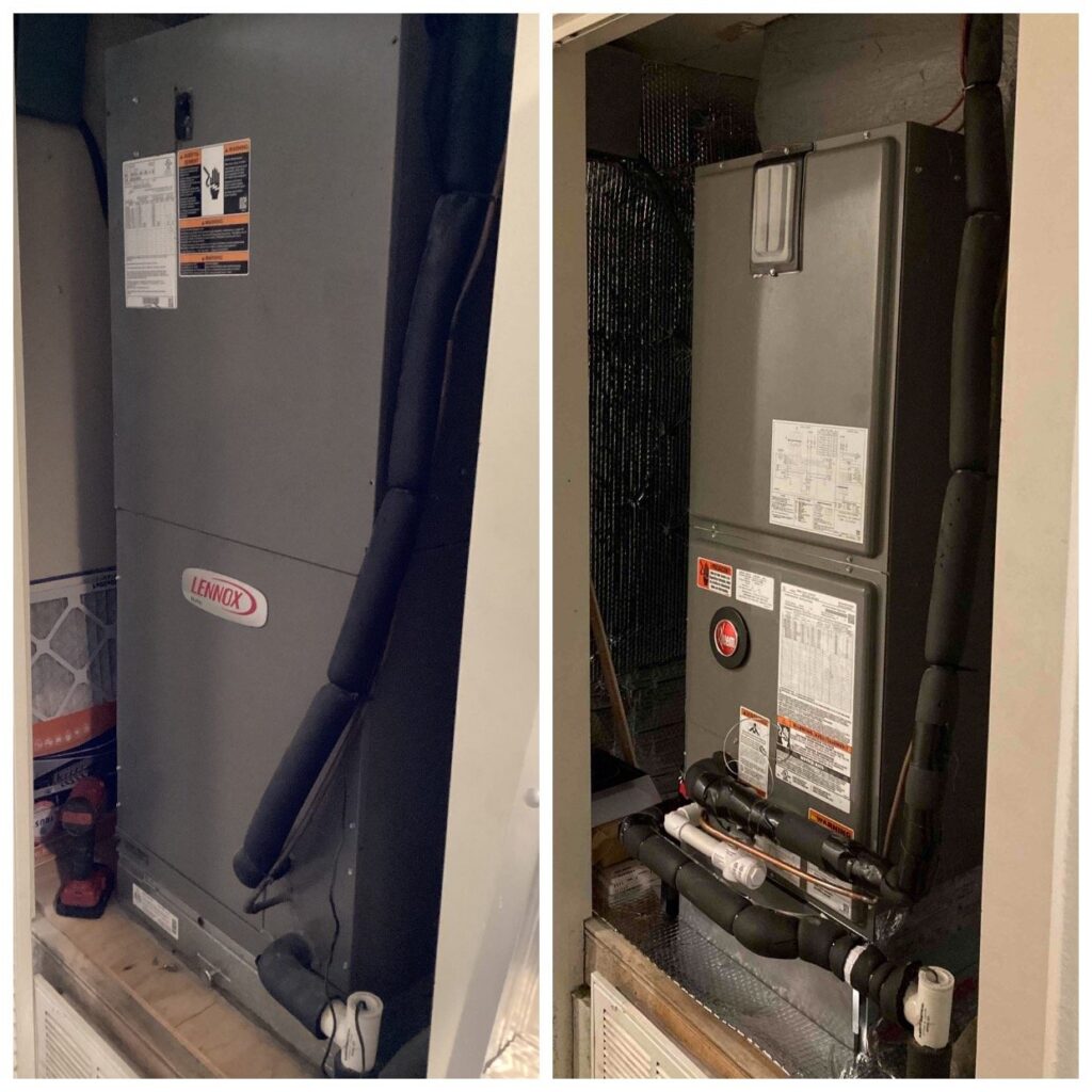 Before and after photos of an upright air handler in a closet, standing on a platform with a return grille below it