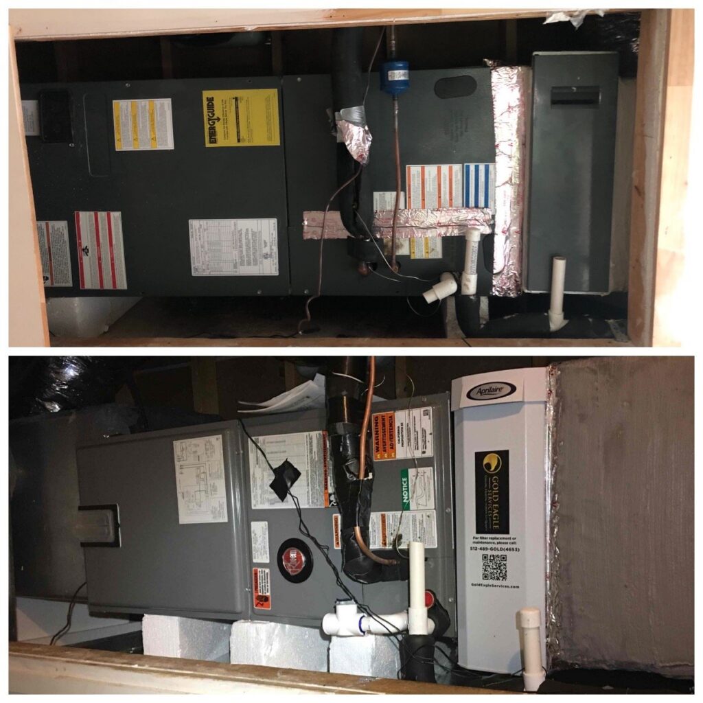 A horizontal unit built into a framed attic opening, with PVC drain fittings and upright tees at the cabinet