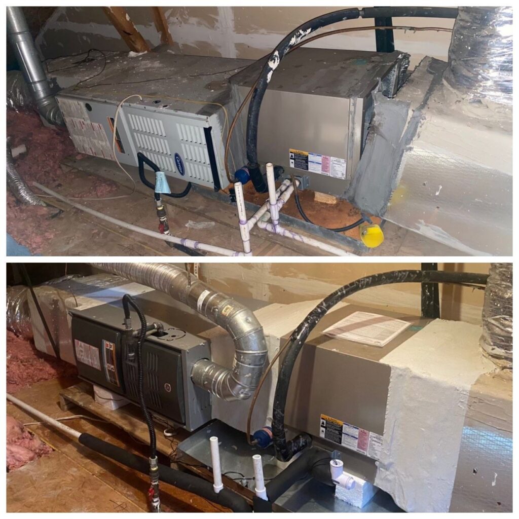 Before and after photos of a horizontal gas furnace in an attic, with a separate coil cabinet beside it, a metal vent pipe, a gas line and a ductboard plenum