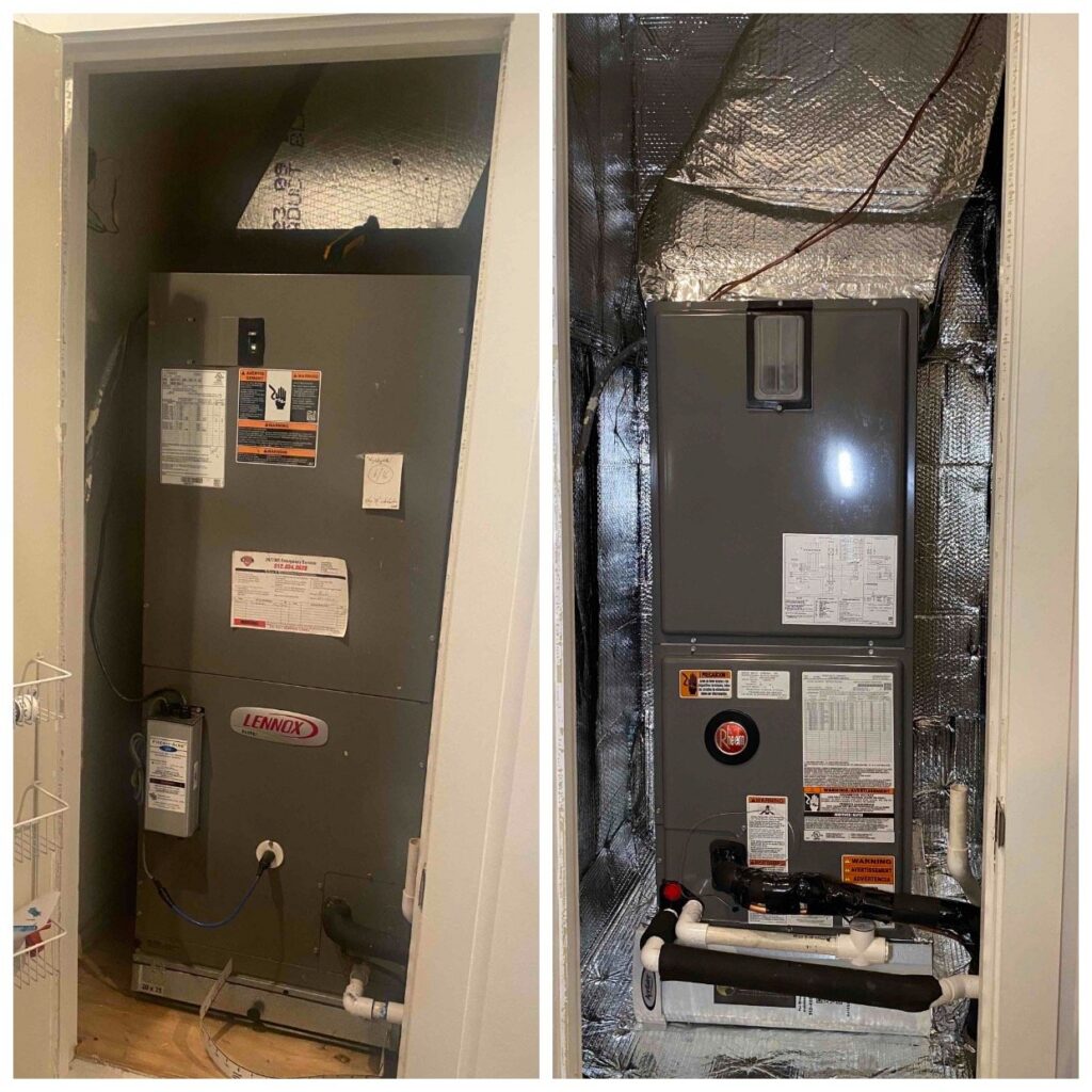 A closet air handler before and after replacement; the new unit stands on a white filter cabinet