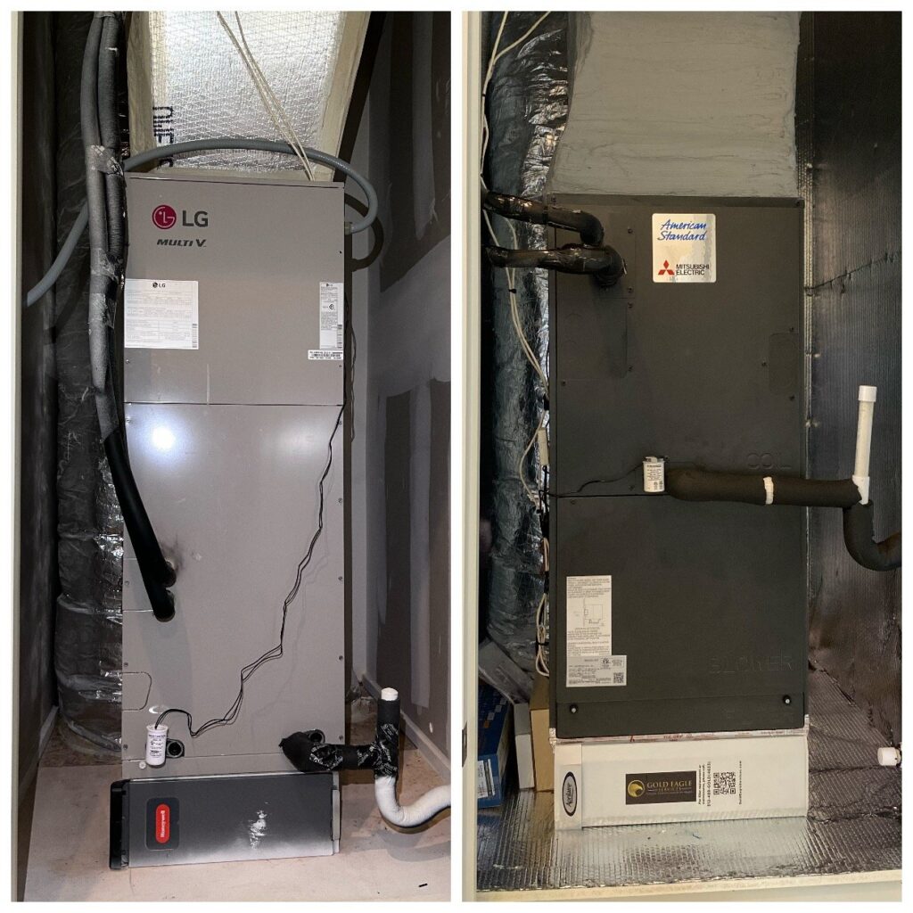 Before and after photos of an upflow air handler in a closet, with the condensate line and its trap leaving the cabinet