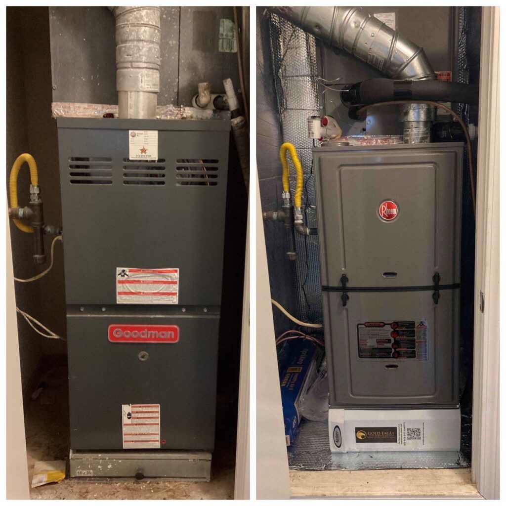 Before and after photos of an upright gas furnace in a closet, with a yellow gas line and shutoff valve at its left and a metal vent pipe rising from the top