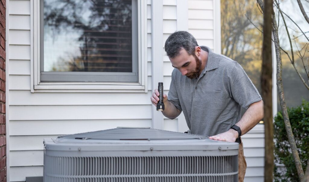HVAC technician using a flashlight to inspect a home’s outdoor AC unit