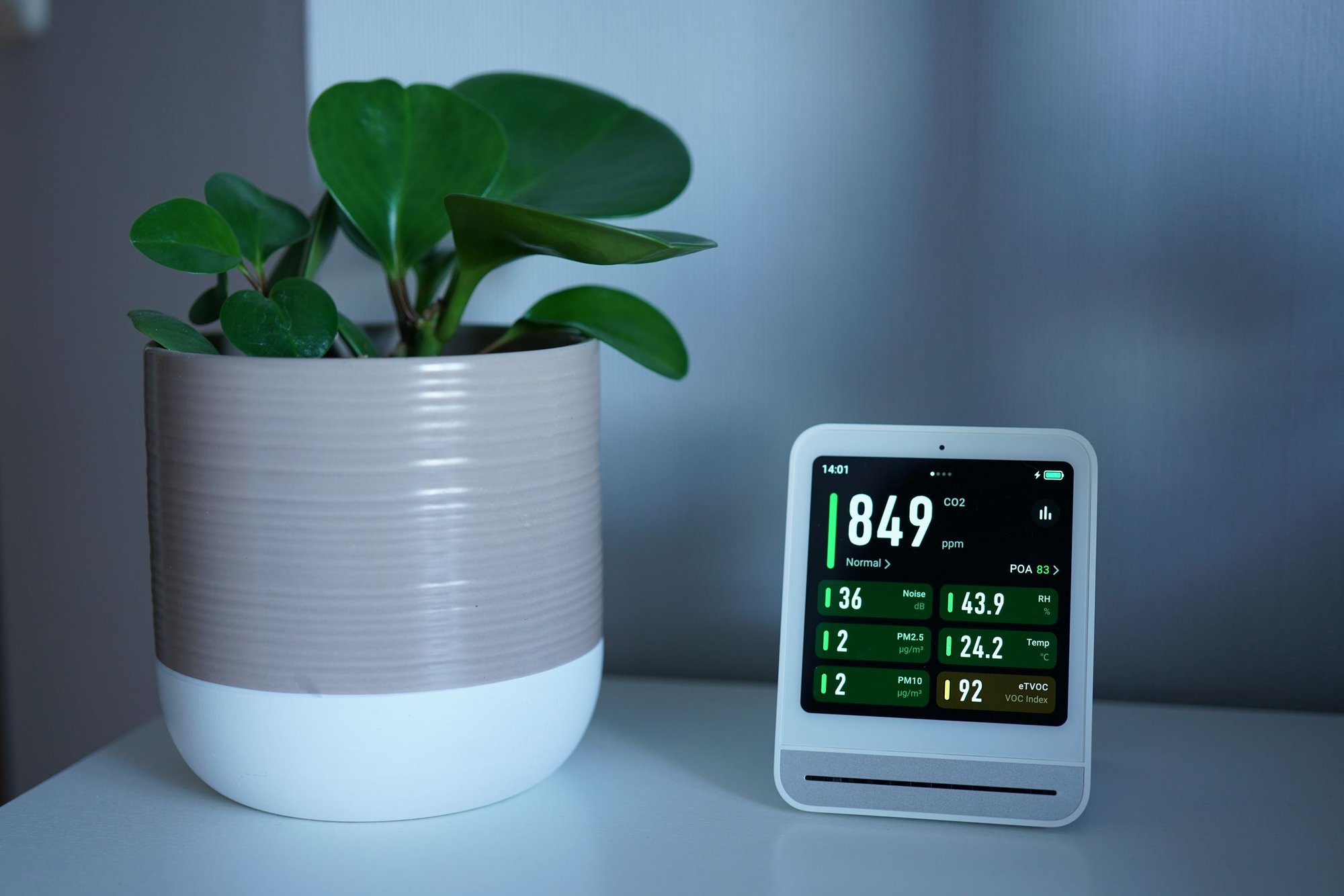 Indoor air quality monitor showing CO2 and particle readings next to a potted plant