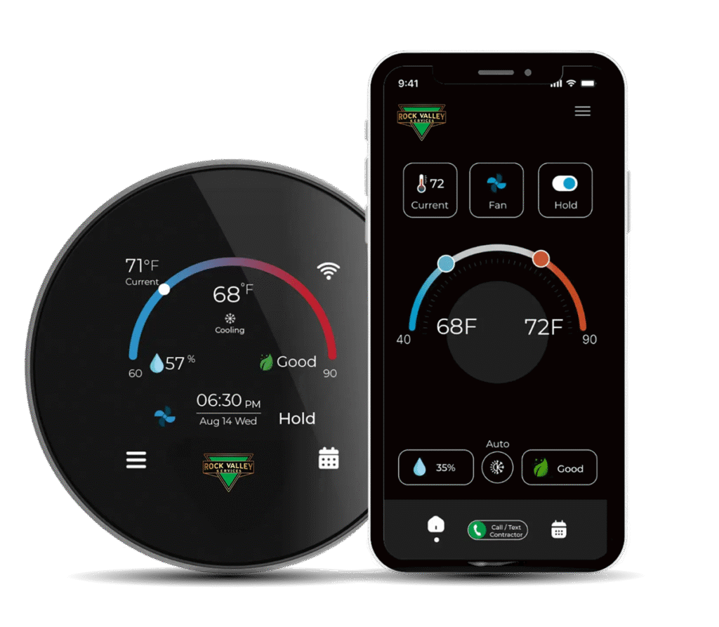 A black round Gold Eagle Services thermostat and phone display 68°F cooling, a 72°F reading, humidity levels, and air-quality status.