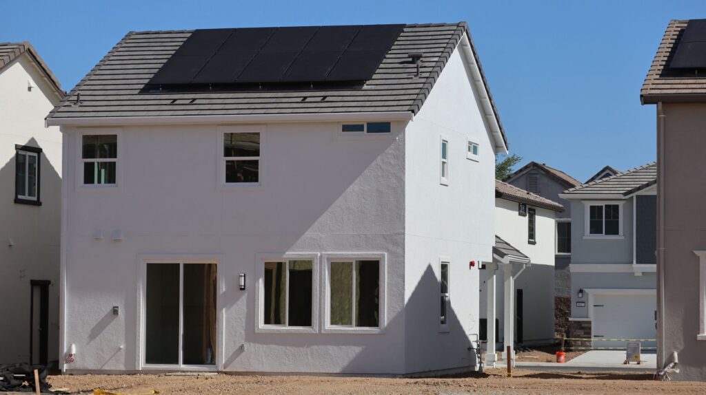 New energy-efficient two-story home with rooftop solar panels