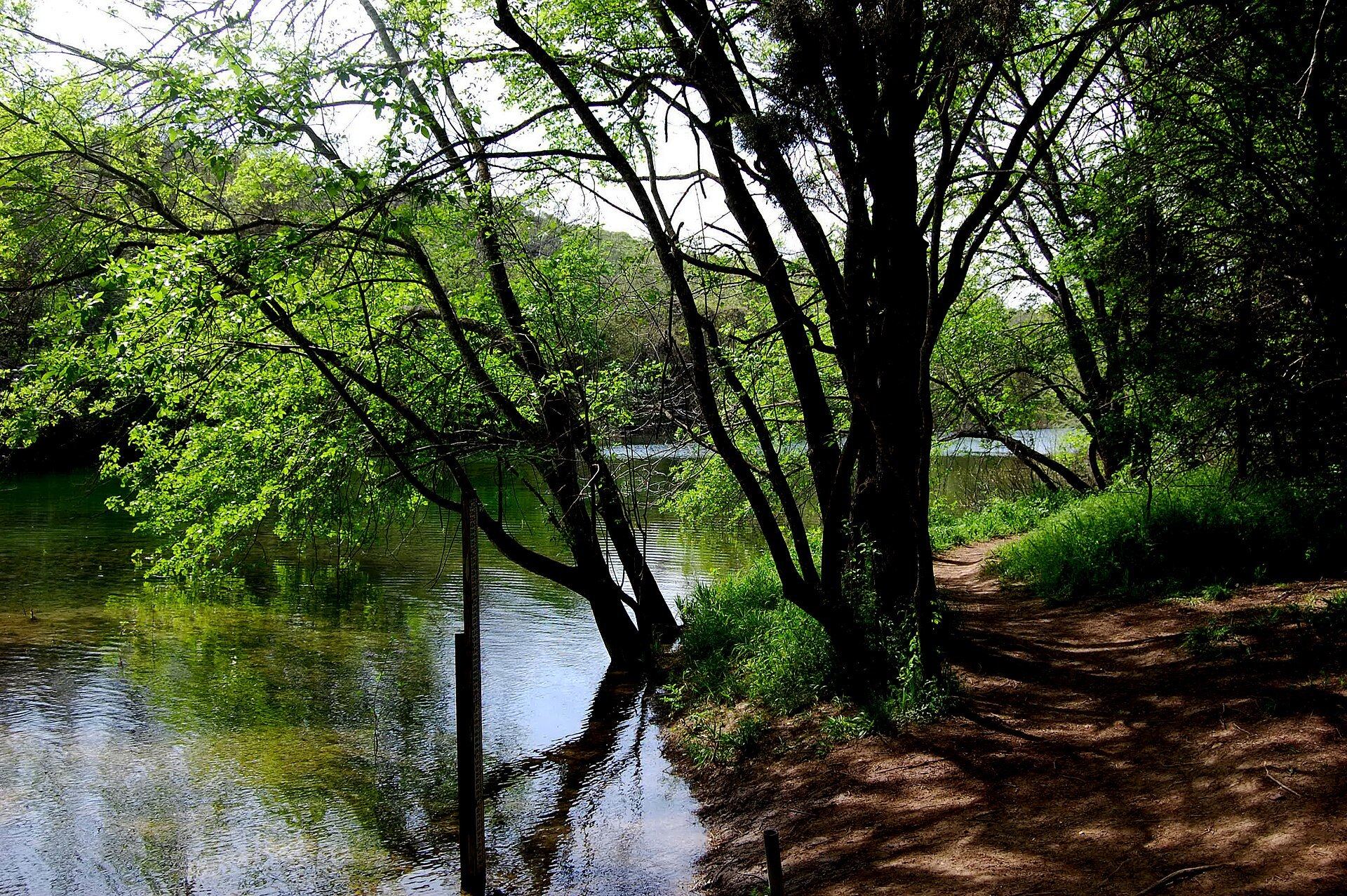 Barton Creek and a shaded trail along the Barton Creek Greenbelt in Austin, Texas