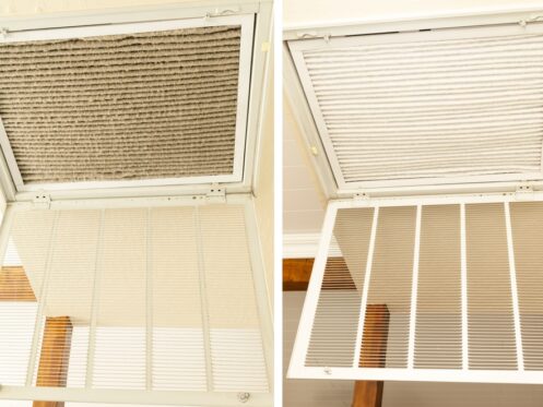before and after pictures of a dirty HVAC filter and a clean filter in a vent