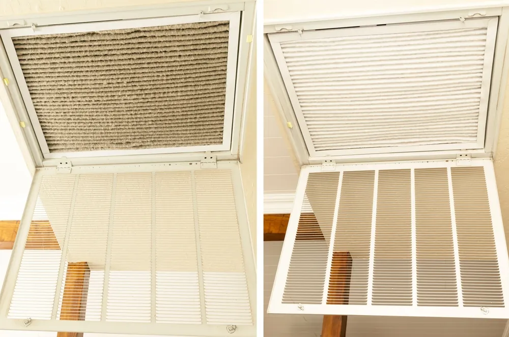 before and after pictures of a dirty HVAC filter and a clean filter in a vent
