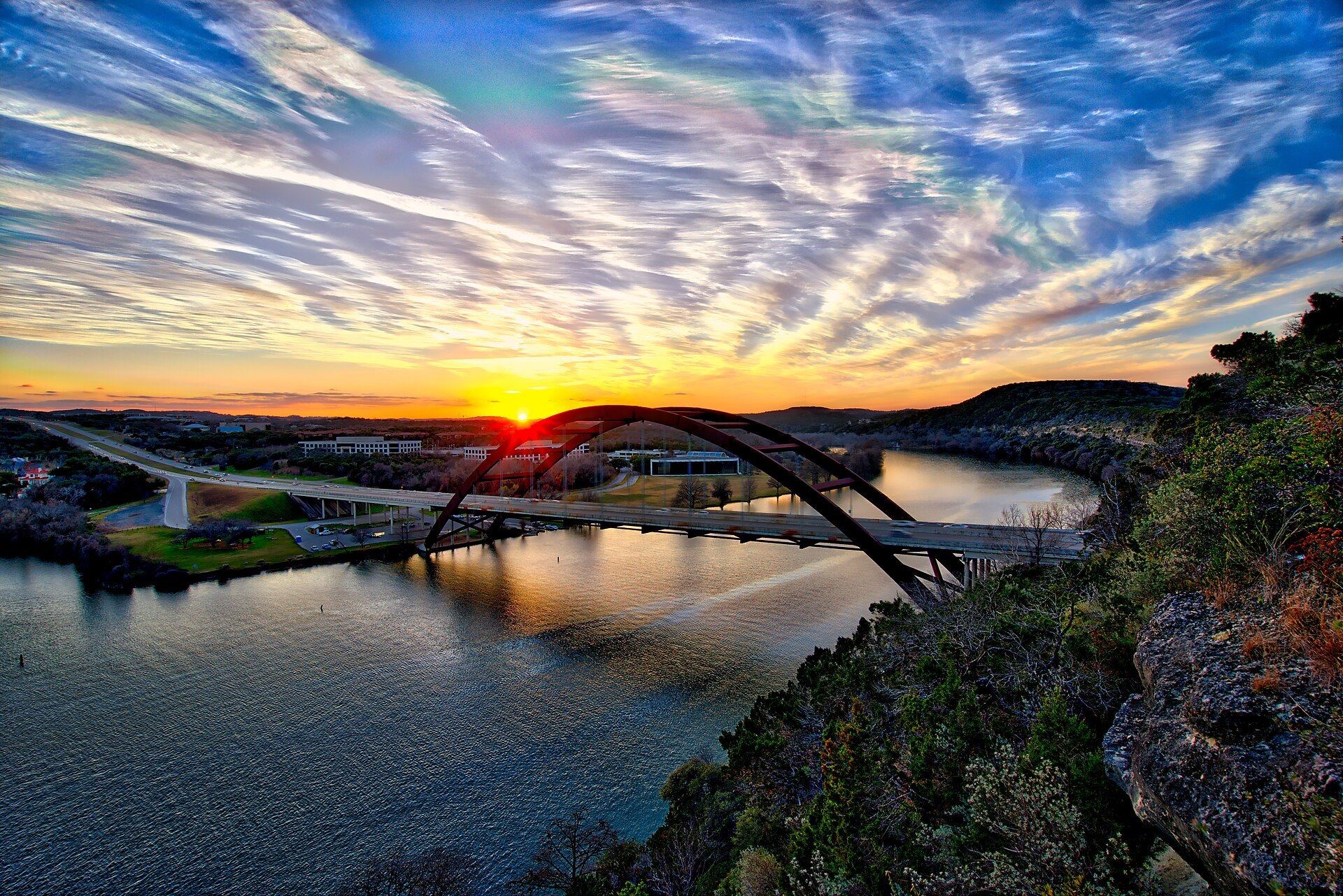 Pennybacker Bridge on Loop 360 spanning Lake Austin at sunset, northwest of West Lake Hills, Texas