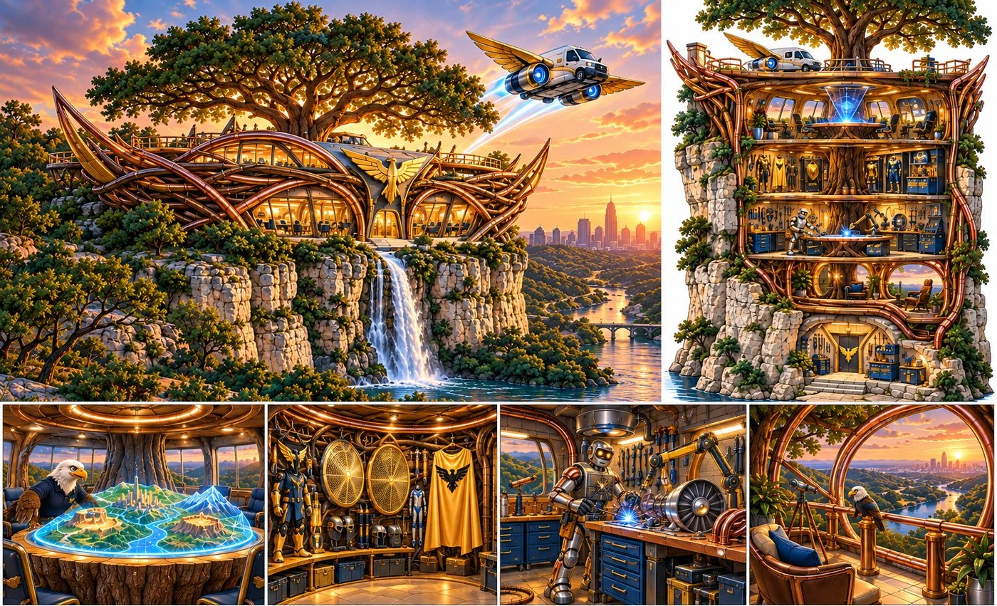 The Aerie, Wing Force headquarters, a golden nest built into a limestone cliff above Comfort City, with cutaway views of its rooms