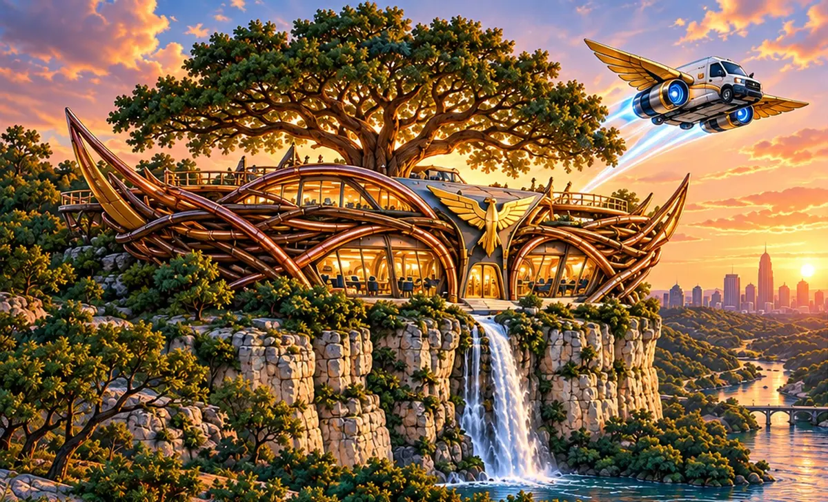 The Aerie, Wing Force headquarters: a golden nest on a cliff above a waterfall, with a flying van and the city at sunset