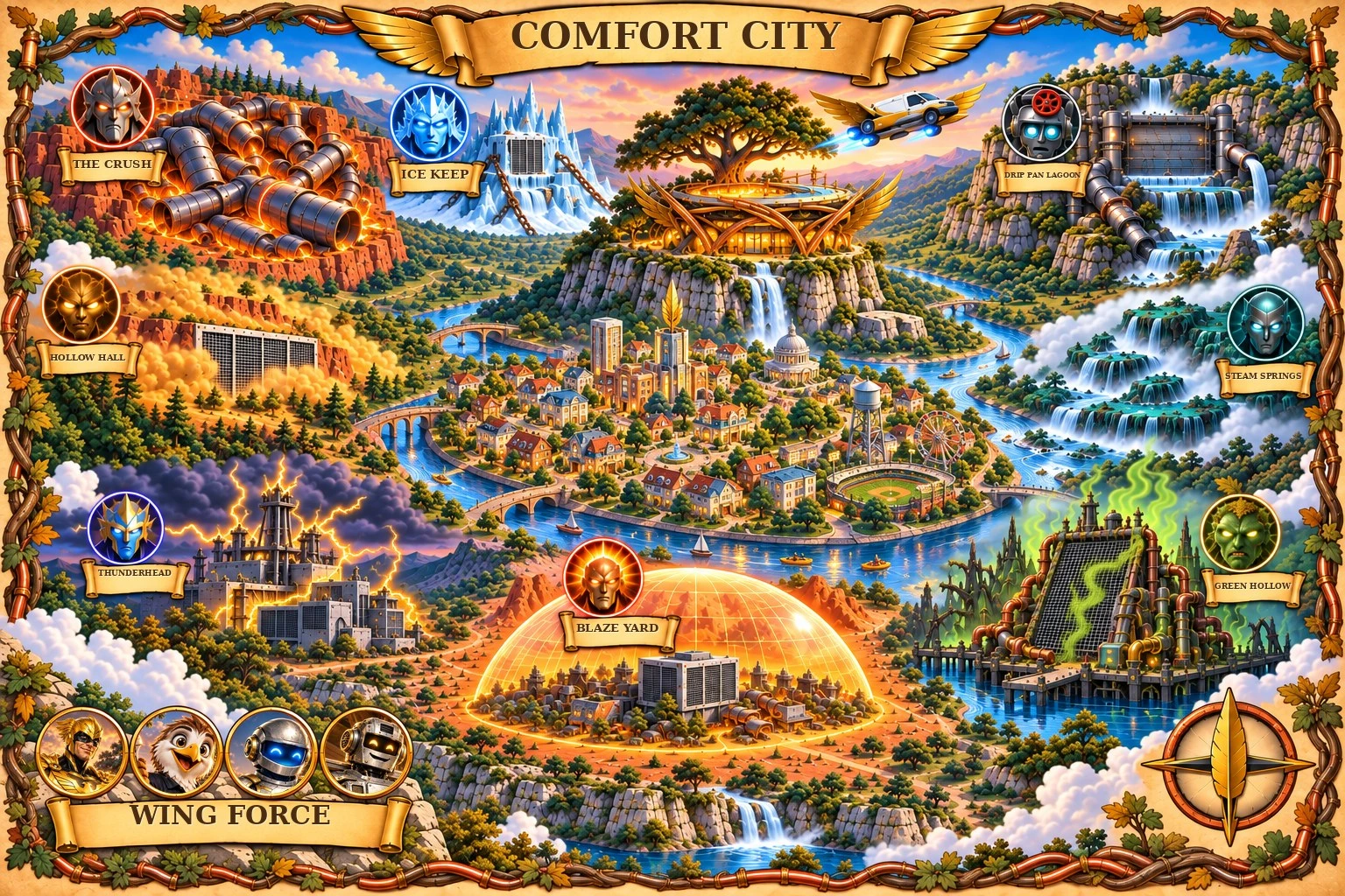 Map of Comfort City: the Aerie above the city, the 8 villain lairs around it, and the Wing Force heroes in the corner