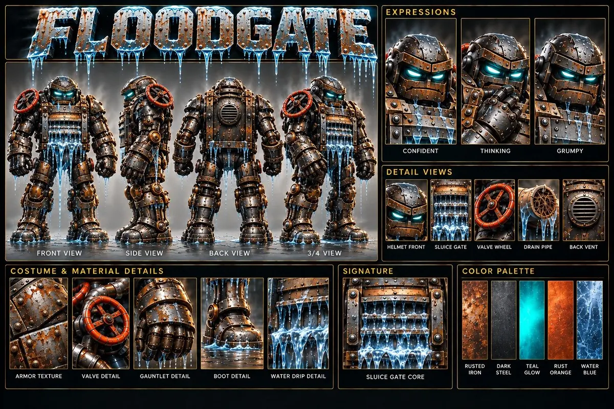 Floodgate model sheet: front, side, back and 3/4 views, faces, close-up details and colors