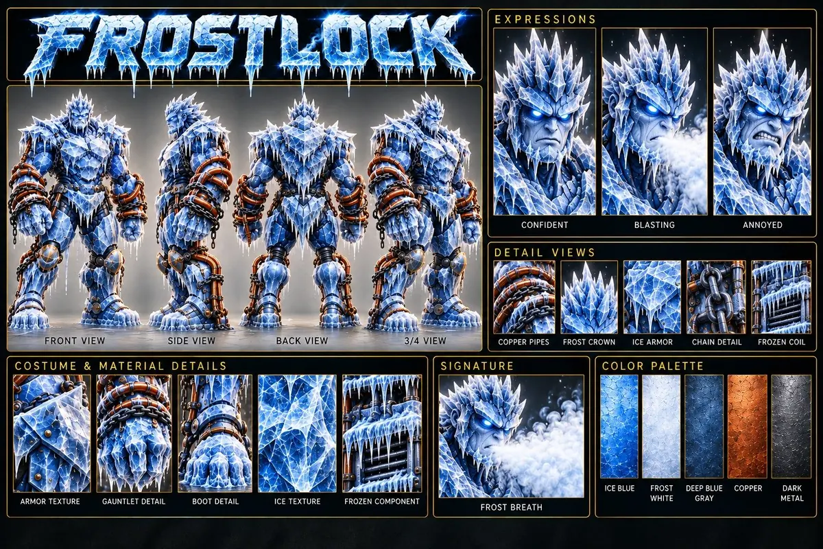 Frostlock model sheet: front, side, back and 3/4 views, faces, close-up details and colors