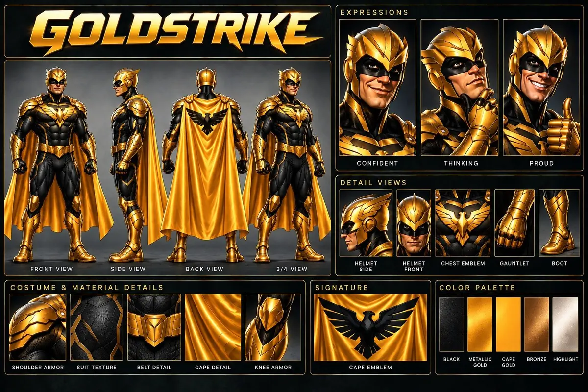 Goldstrike model sheet: front, side, back and 3/4 views, faces, close-up details and colors