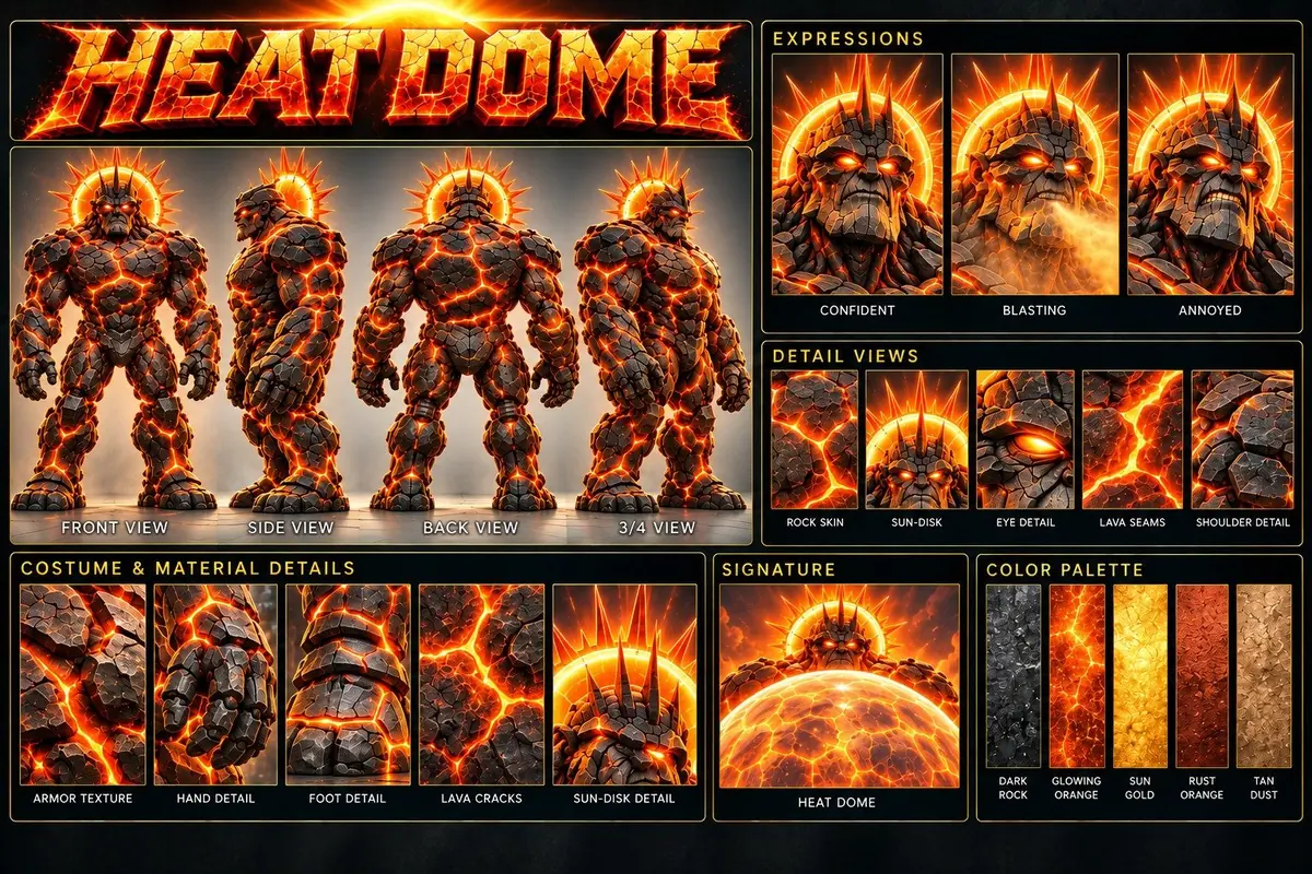 Heat Dome model sheet: front, side, back and 3/4 views, faces, close-up details and colors