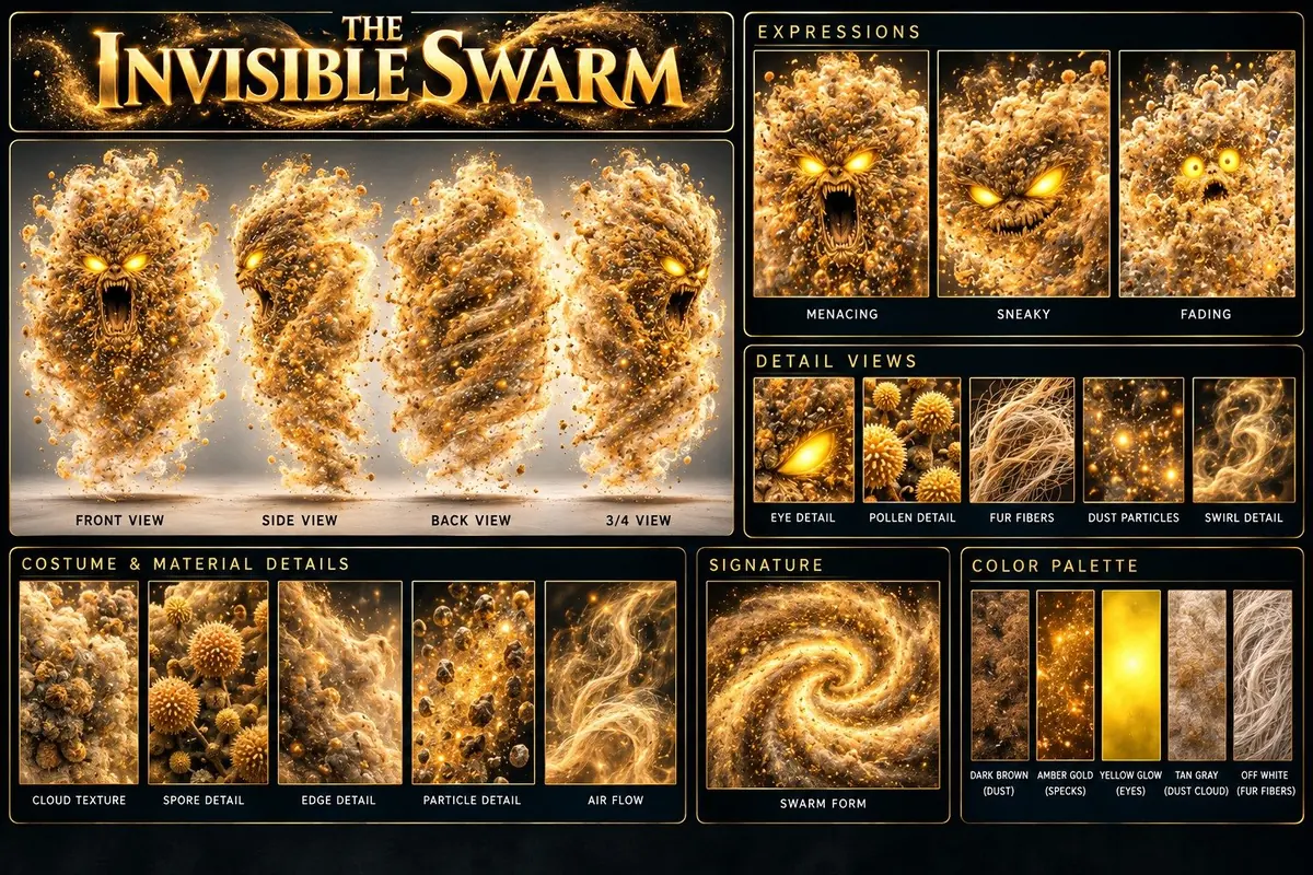 The Invisible Swarm model sheet: front, side, back and 3/4 views, faces, close-up details and colors