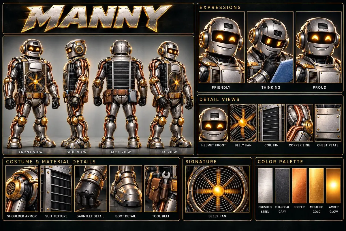Manny the Manufacturer model sheet: front, side, back and 3/4 views, faces, close-up details and colors