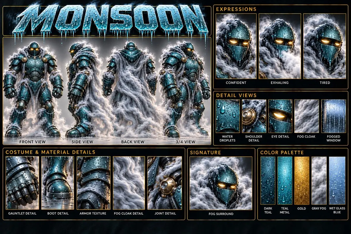 Monsoon model sheet: front, side, back and 3/4 views, faces, close-up details and colors