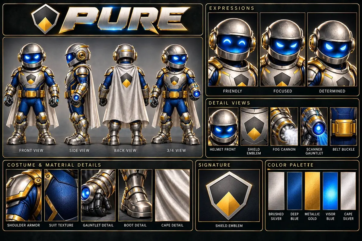 Pure model sheet: front, side, back and 3/4 views, faces, close-up details and colors