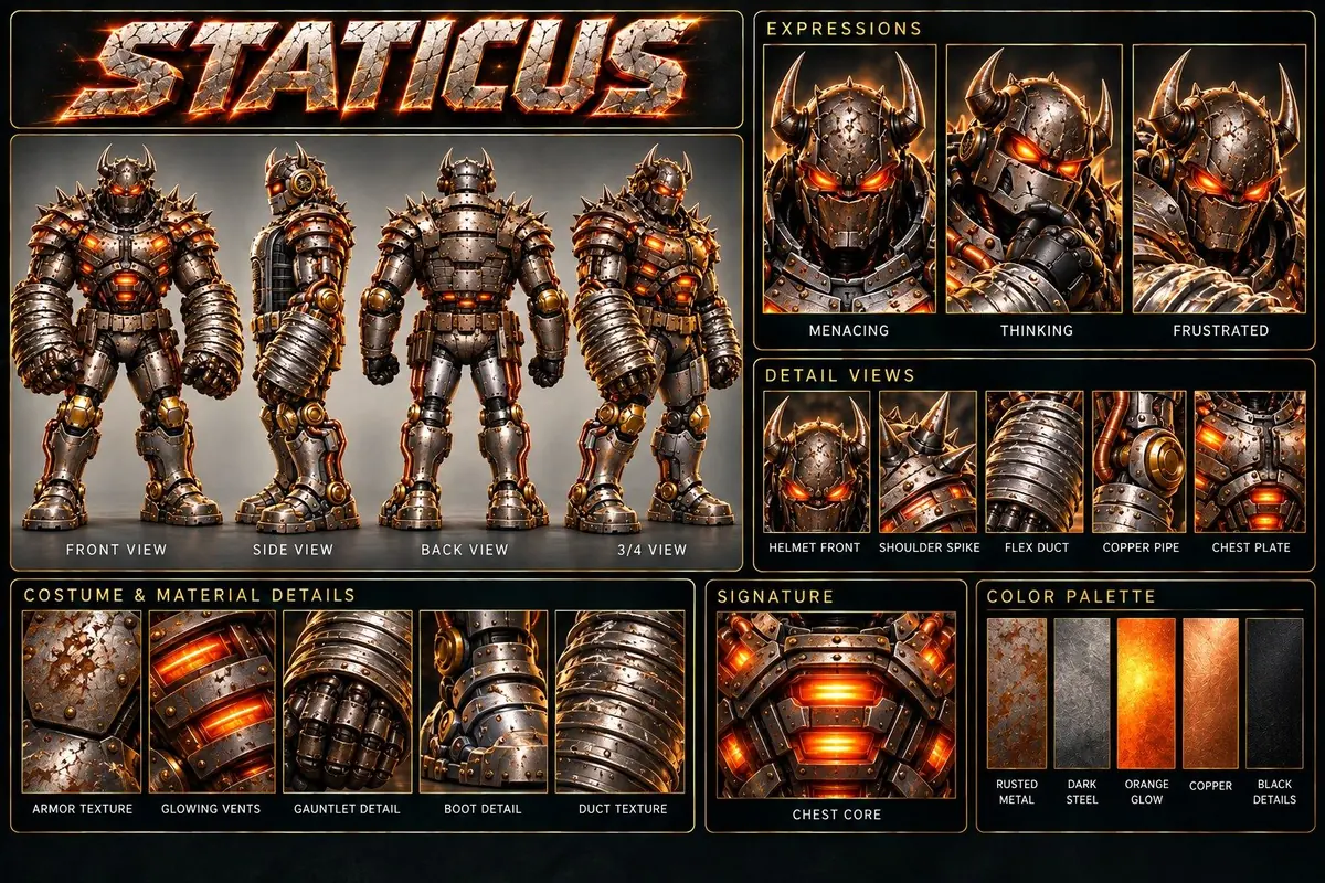 Staticus model sheet: front, side, back and 3/4 views, faces, close-up details and colors