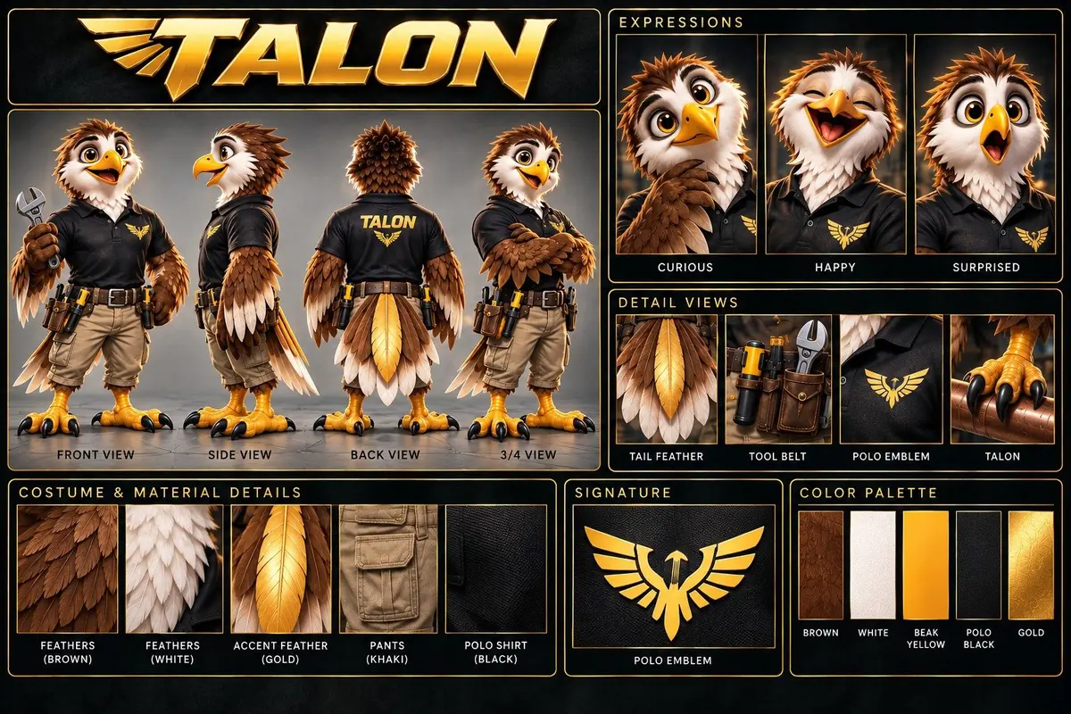 Talon model sheet: front, side, back and 3/4 views, faces, close-up details and colors