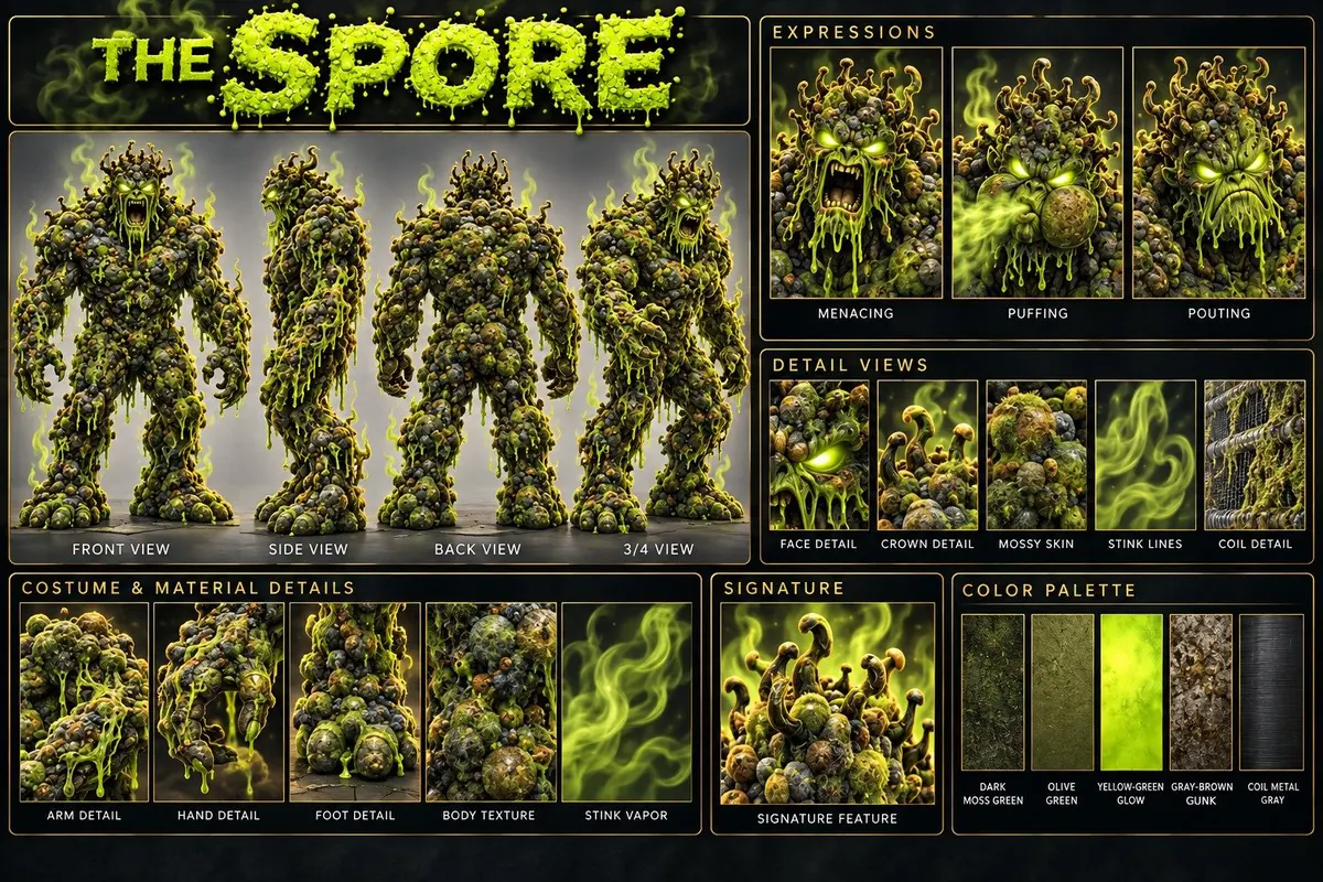 The Spore model sheet: front, side, back and 3/4 views, faces, close-up details and colors