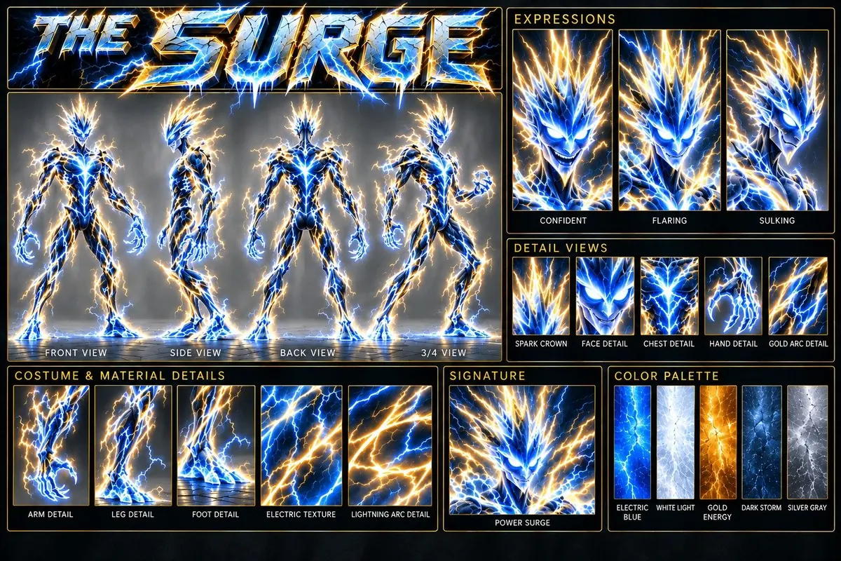 The Surge model sheet: front, side, back and 3/4 views, faces, close-up details and colors