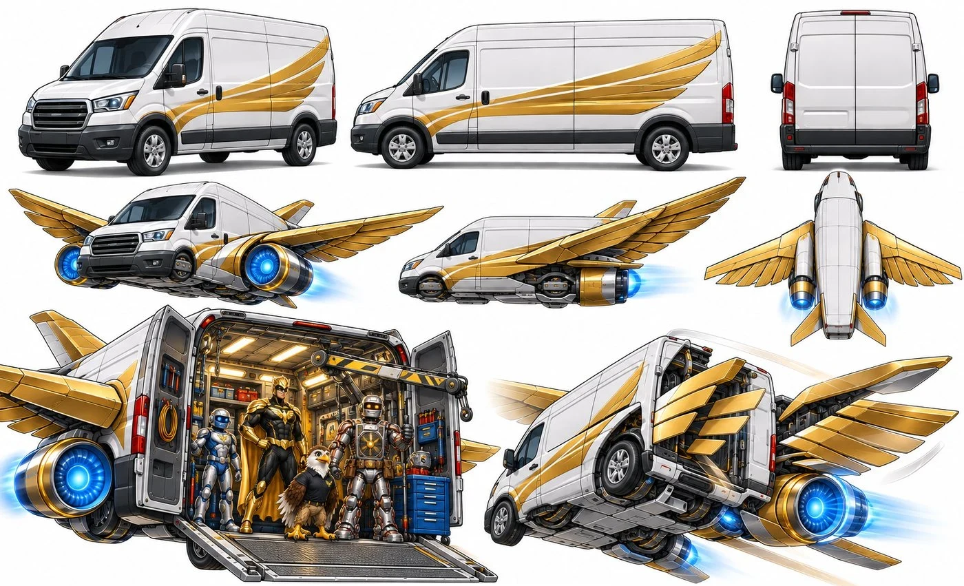 The Sky Swoop, a white work van that unfolds gold wings and jets, with the four heroes inside