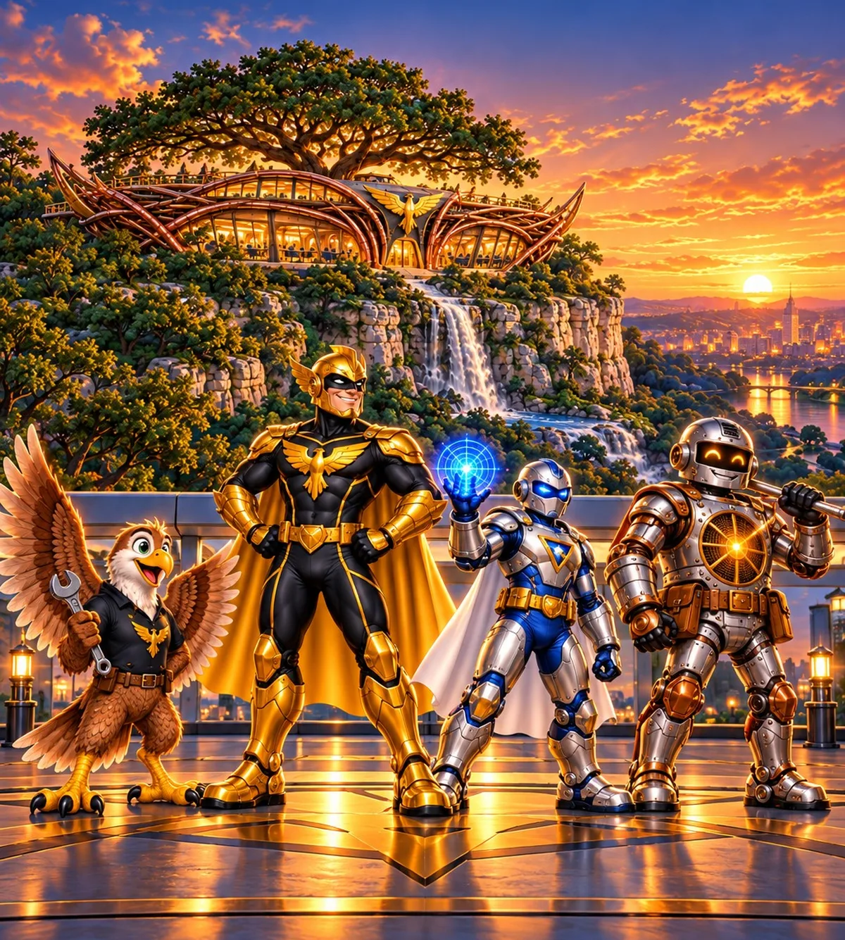 The four Wing Force heroes, Talon, Goldstrike, Pure and Manny, standing on the deck of the Aerie at sunset